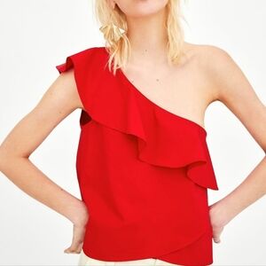 Zara TRF Red one-shoulder ruffle crop top 100% Cotton Women's Size Large